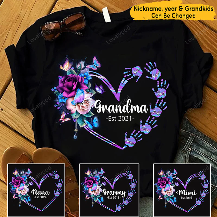 Grandma Est Flower Heart And Grandkids T-shirt