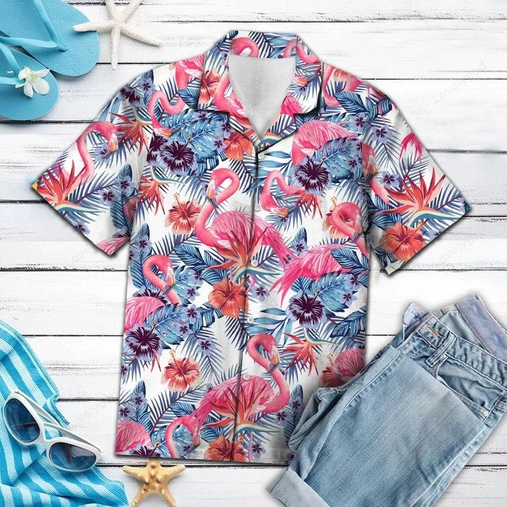 Pink Flamingo With Red Hibiscus In White Hawaiian Shirt