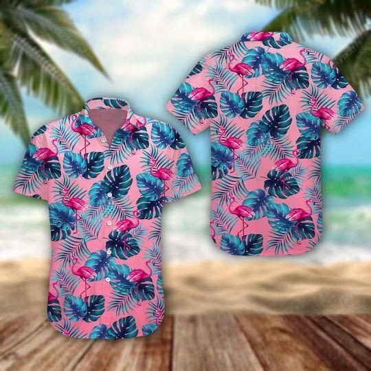 Blue Leave Flamingo Ornamental Design Hawaiian Shirt