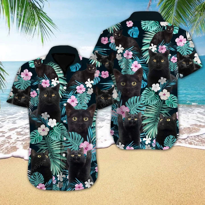 Black Cat Flower Spring Design Hawaiian Shirt