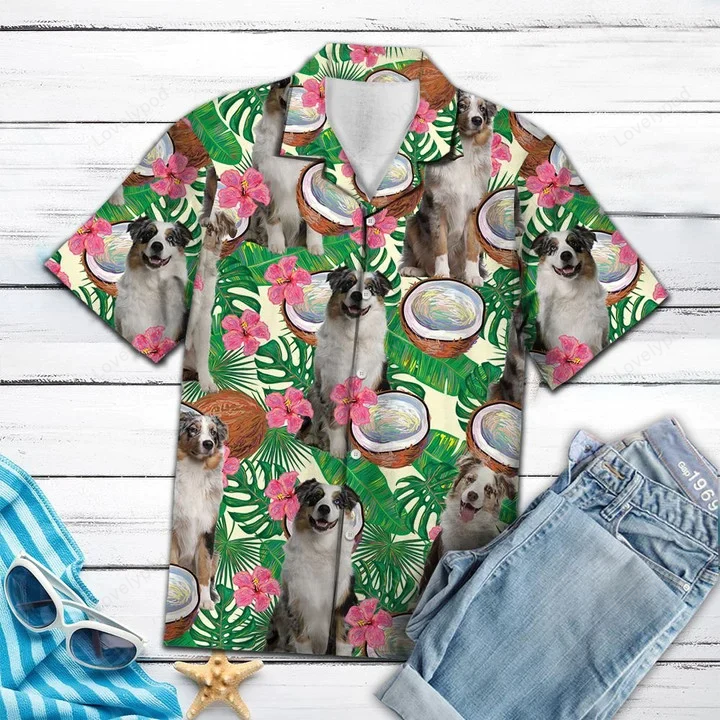 Awesome Australian Shepherd Tropical Coconut Pattern Hawaiian Shirt