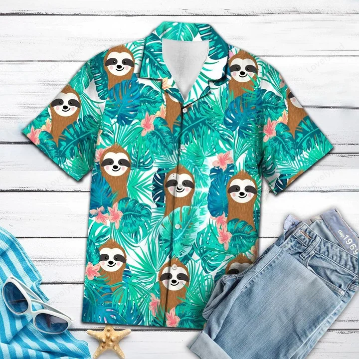 Smiling Sloth With Tropical Palm Leaves Summer Hawaiian Shirt, Short Sleeve Hawaiian Aloha Shirt