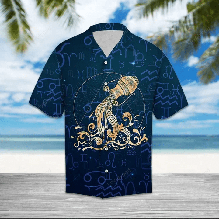 Amazing Aquarius Zodiac Symbol On Blue Pattern Hawaiian Shirt