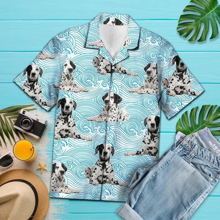 Dalmatian Lying Down On Blue Waves Pattern Hawaiian Shirt