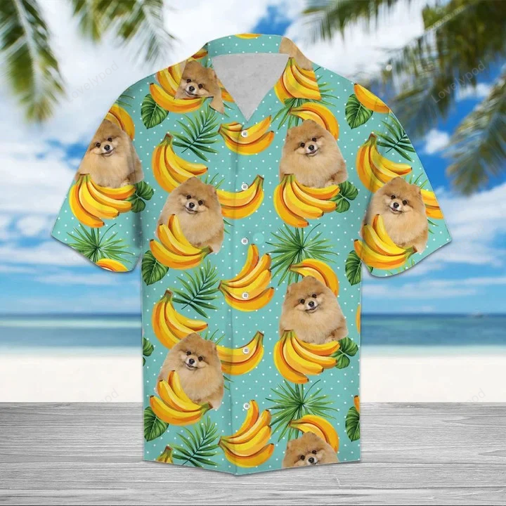 Banana Pomeranian On Mint Theme Hawaiian Shirt