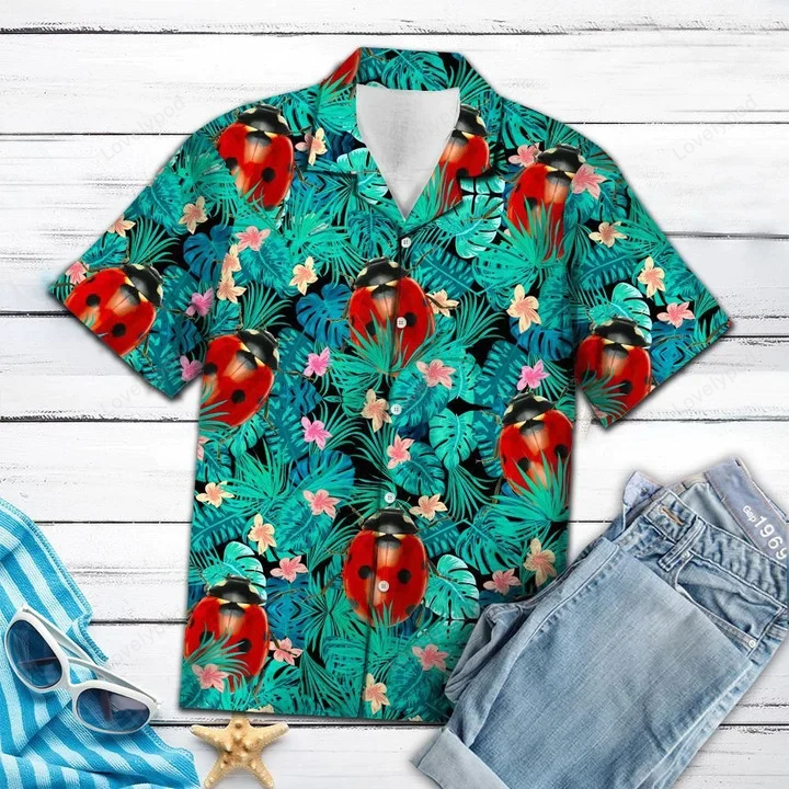 Ladybug Tropical Palm Leaves Summer Vacation Hawaiian Shirt