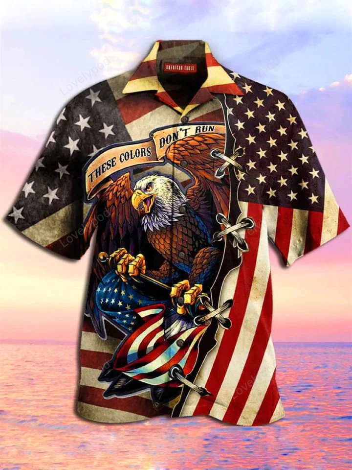 Men's American Flag Eagle Print Collar hawaiian Shirt, 4th of July Men's Short Sleeve Patriotic Shirt