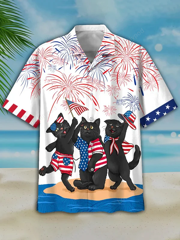 Men's Independence Day Is Coming Cat Print Casual Hawaiian Shirt, USA Patriotic Hawaiian Shirt