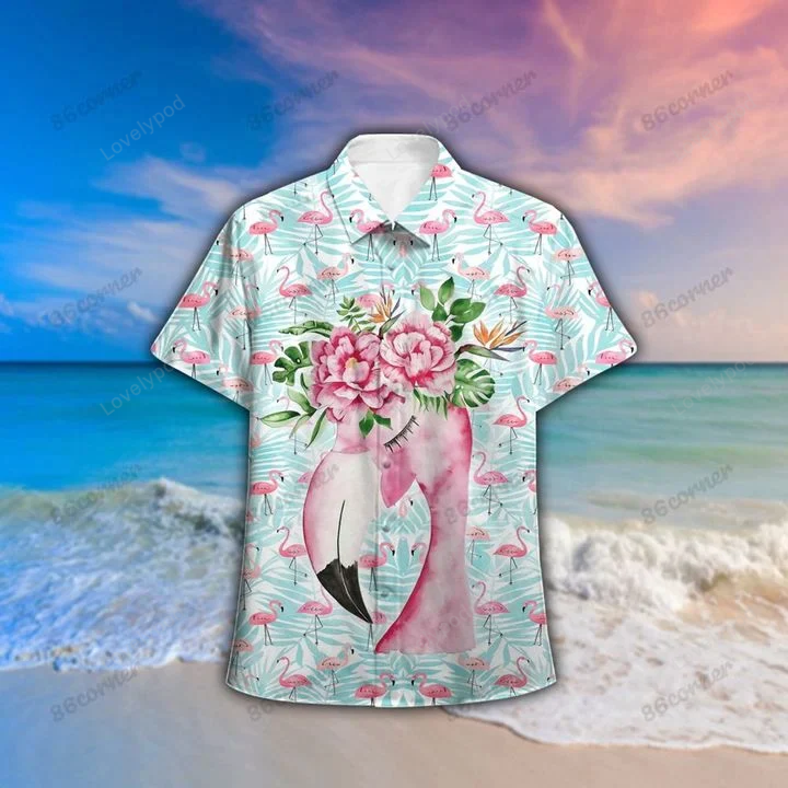 Flamingo On Ice Blue Pattern Hawaii Shirt, Summer aloha shirt, Gift for summer