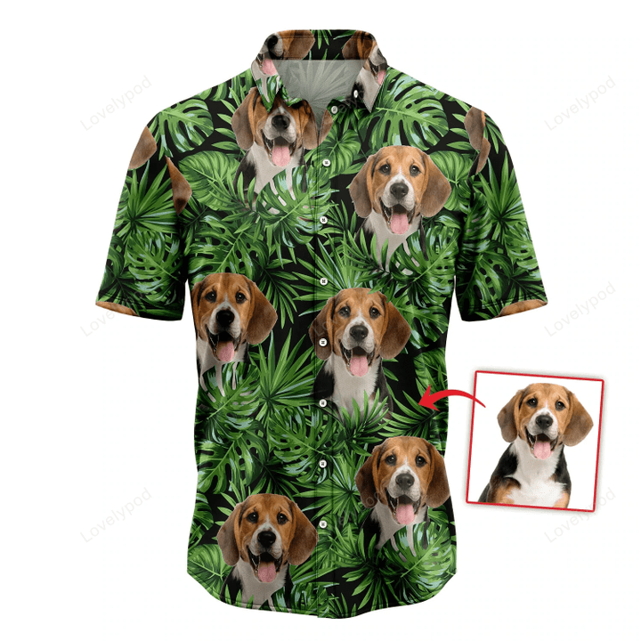 Custom Photo Dog Green Tropical Leaves Hawaiian Shirt, Summer Hawaiian Shirts for Men and Women Aloha Beach Shirt