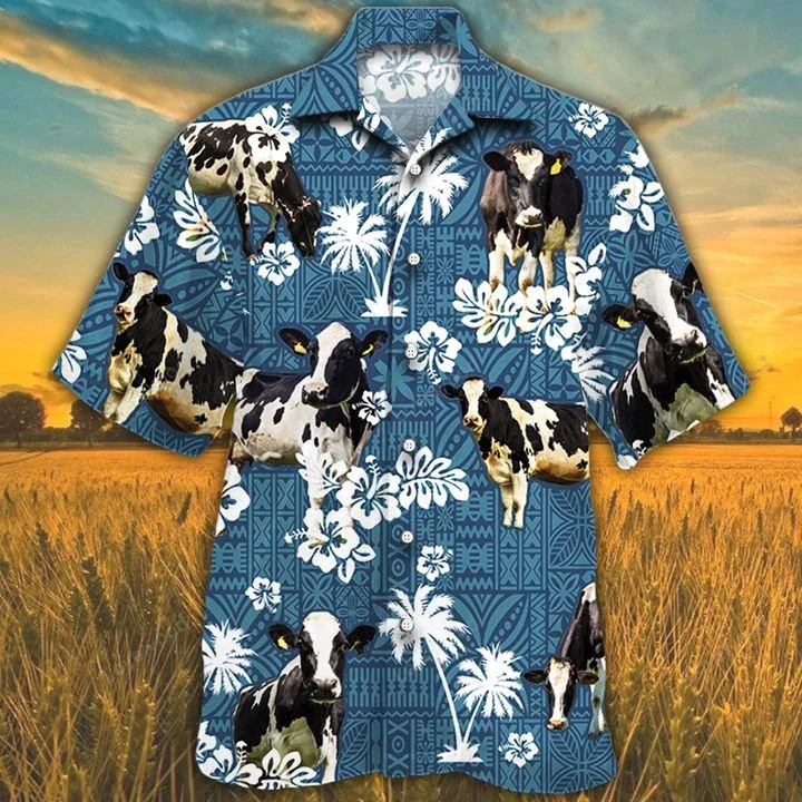 Holstein Friesian Cattle Lovers Blue Tribal Hawaiian Shirt