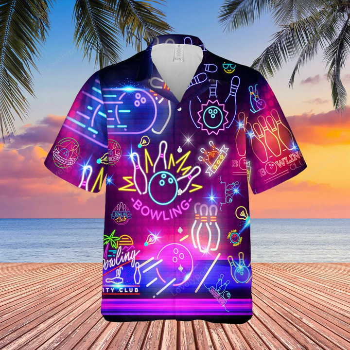 3D Neon Bowling Club Unisex Hawaiian Shirt for Men