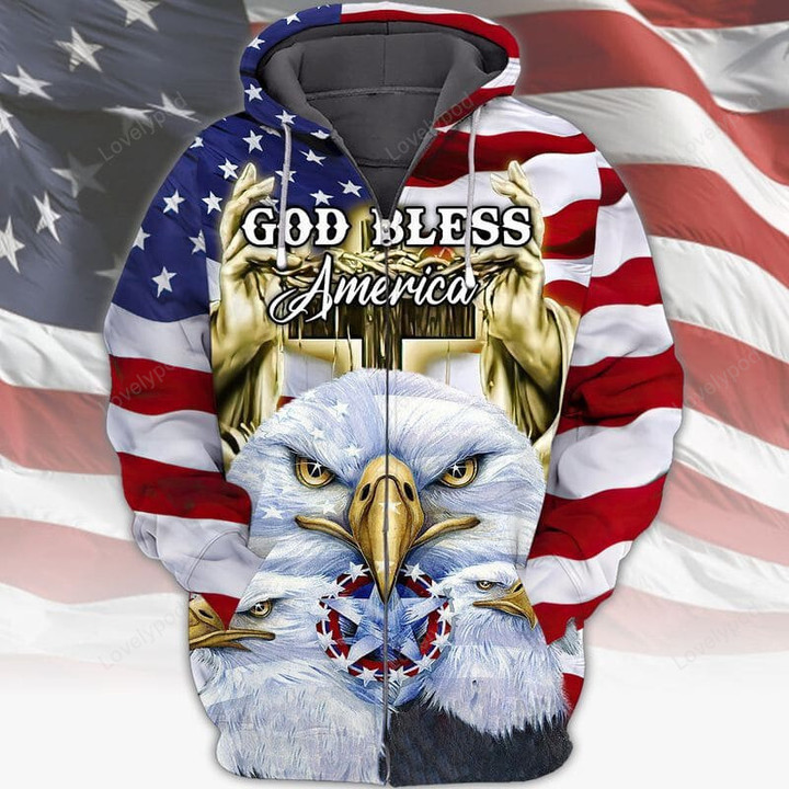 God bless america - Eagle American flag 3D Zip hoodie - Gift for 4th Of July Shirt, American Patriotic Shirt