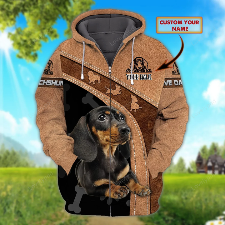 Love Dachshund - Personalized Name 3D Zipper hoodie, Gift for dog lovers