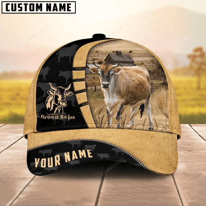 Personalized Brown Swiss Cattle Farmhouse Field Cap, Cow Baseball Hat, Gift For Farmer