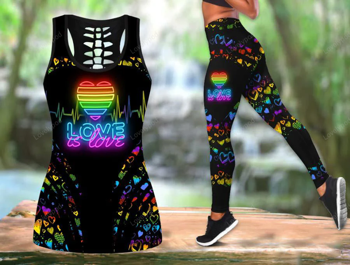 LGBT Pride Gift Idea Love Is Love Neon Heart Pride Tank Top and Leggings Set