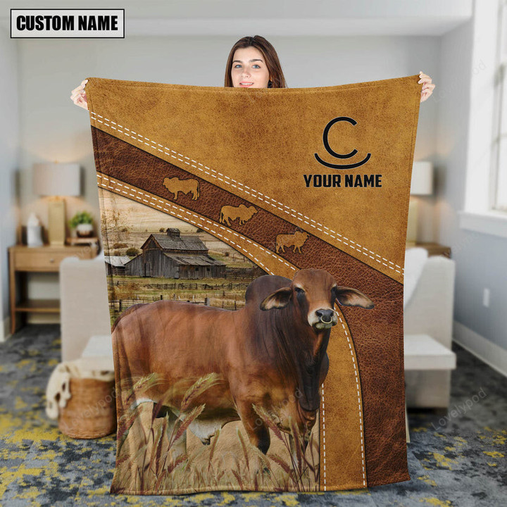 Personalized Name Red Brahman In Field Farmhouse Blanket, Cow blanket, Gift for Farmer
