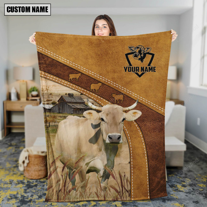 Custom Name Braunvieh Brownie Farmhouse Fleece Blanket, Sherpa blanket, cow blanket 50x60 in, Gift for Farmer