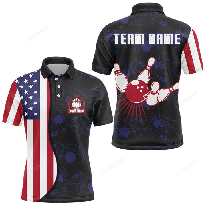 American Flag Bowling Polo Shirt Custom Navy Bowling Jersey Men Patriotic Bowling Shirt
