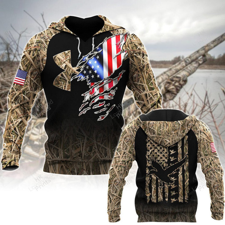 Ripped American Flag Duck Hunting Apparels, Hunting 3D hoodie, Gift for hunter