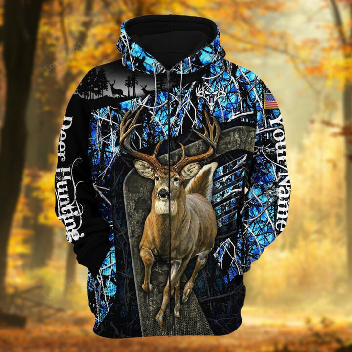 Personalized Name Deer Hunting Zip Hoodie 3D Multicolor, gift for hunting lover