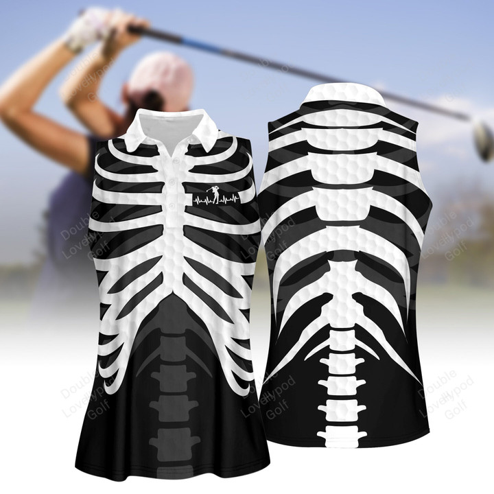 Skeleton heart beat golf women short sleeve polo shirt, women's sleeveless golf shirts, Halloween shirt