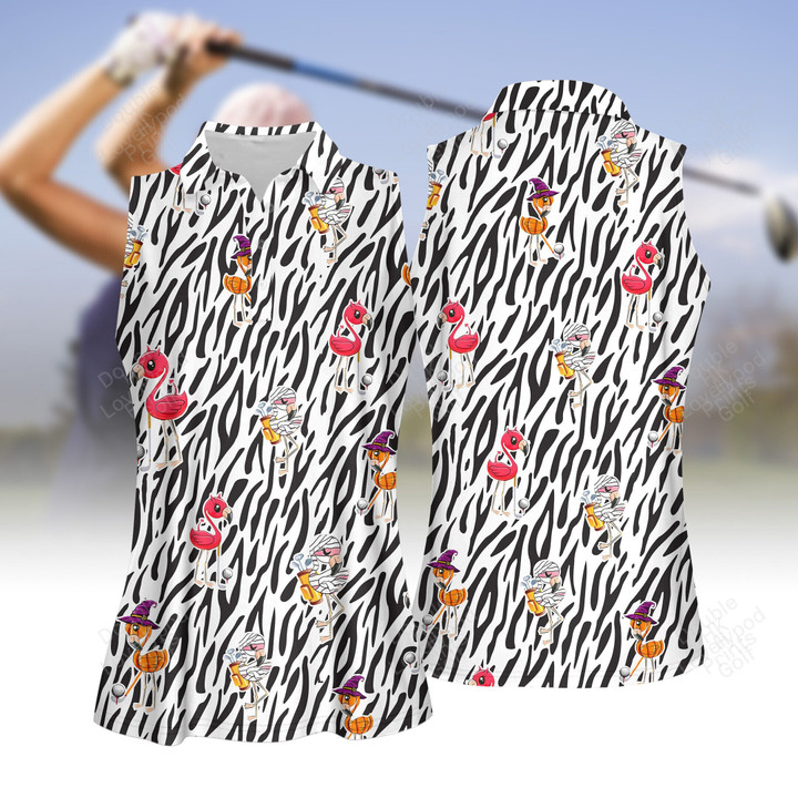 Seamless flamingo halloween golf zebra background women golf shirt, women golf shirt, women's sleeveless golf shirts, Halloween shirt