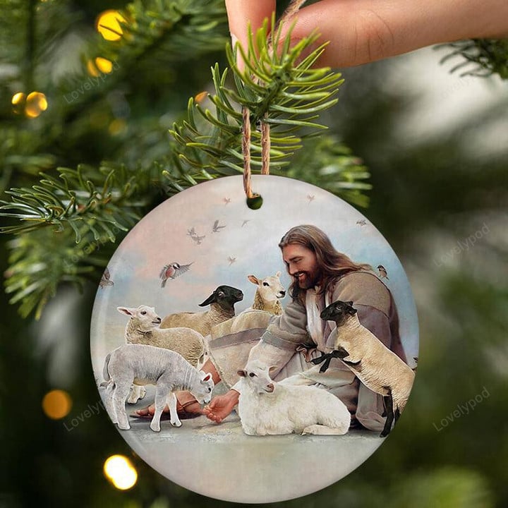 God Surrounded By Lambs Porcelain Ceramic Ornament