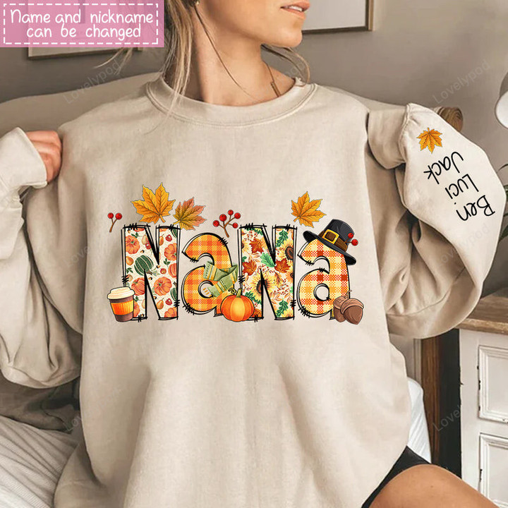 Nana Grandma Bundle Fall Season Thanks Giving Alphabet Doodle Grandkids Personalized Sweatshirt