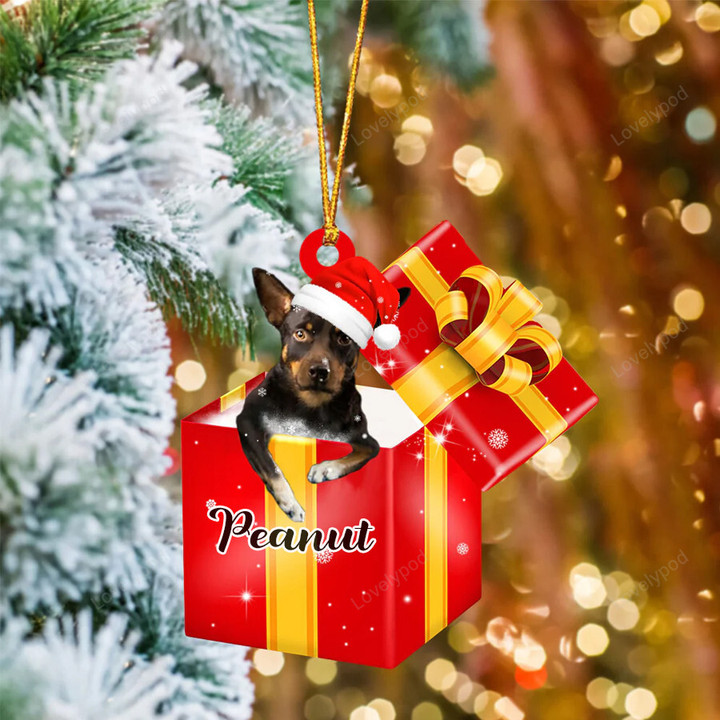Personalized name Australian Kelpie In Red Gift Box Christmas Ornament Made by Acrylic