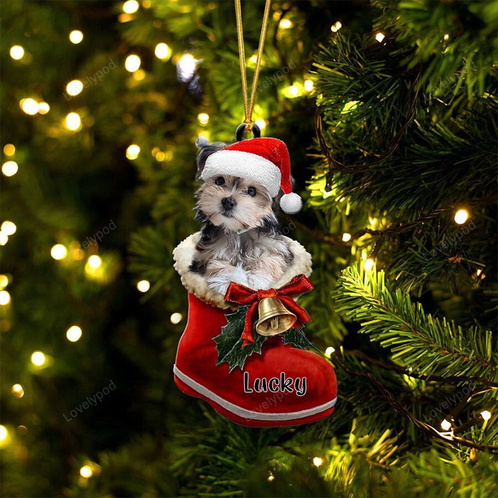Custom Morkie In Santa Boot Christmas Ornament, Personalized Dog Flat Acrylic Ornament