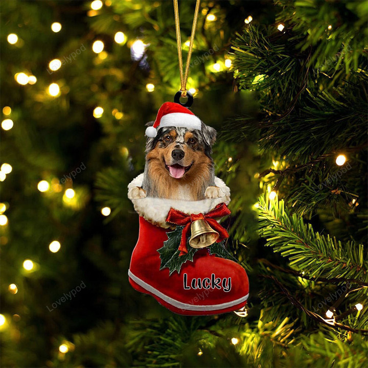 Custom Australian Terrier In Santa Boot Christmas Ornament, Personalized Dog Flat Acrylic Ornament