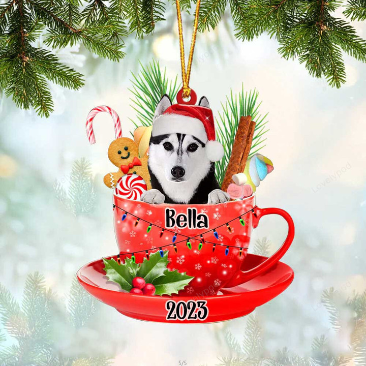 Husky 2 In Cup Merry Christmas Ornament, Customized Dog Flat Acrylic Ornament for Christmas Decor