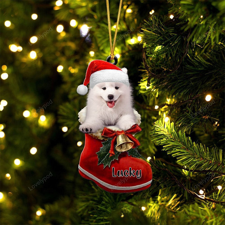 Custom Samoyed In Santa Boot Christmas Ornament, Personalized Dog Flat Acrylic Ornament