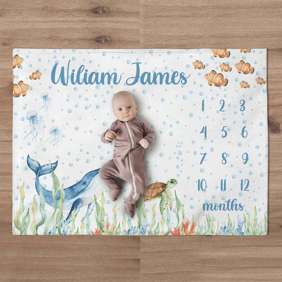 Baby Boy Ocean Milestone Blanket, Under the Sea Baby Name Blanket, Per ...