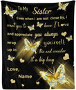 Custom Blanket Personalized To My Sister Gold Butterfly Heart Soft Fleece Throw Blanket With Name For Gifts Sofa Bed (50 X 60 Inches)