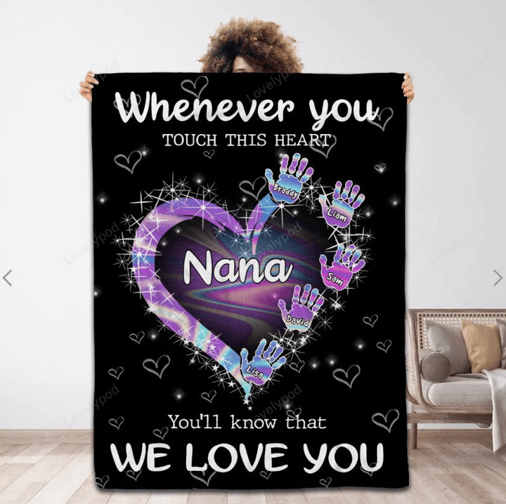 Personalized Blanket For Grandma Handprint Heart Twinkle Design, Whenever You Touch This Heart Custom Grandkids Names