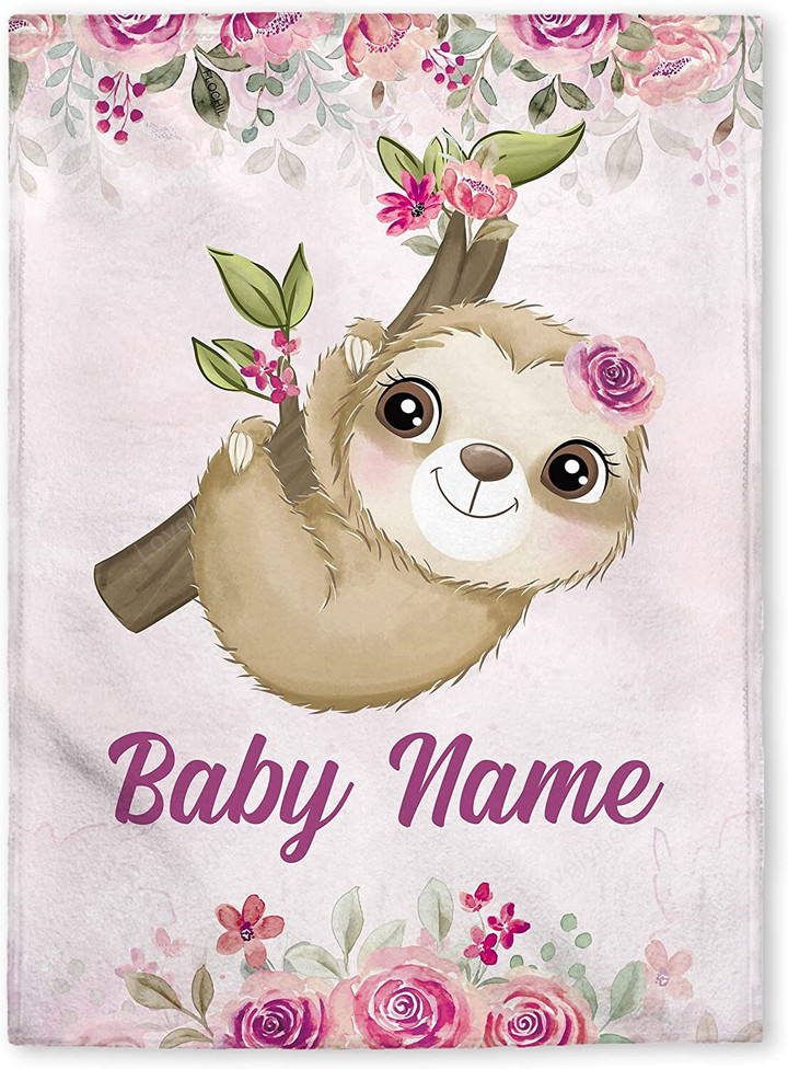 Custom Baby Blanket - Baby Blanket with Name for Girls, Best Gift for Baby, Newborn Sloth Plush Fleece 30x40