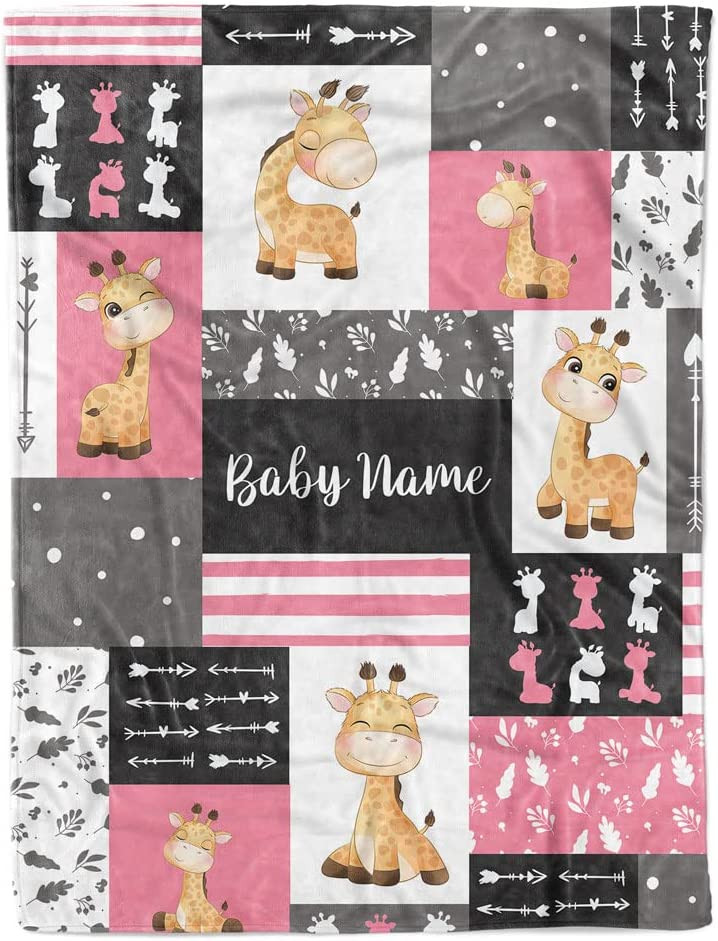 Giraffe Woodland Baby Blanket for Girl, Cozy Plush Fleece Blanket, Custom Baby Name, Bankets for Kid