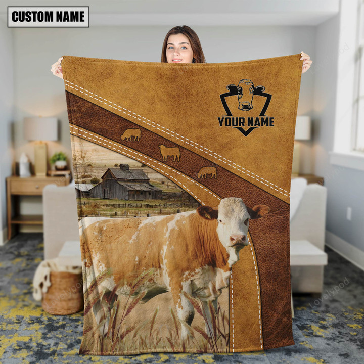 Custom Name Fleckvieh Brownie Farmhouse Fleece Blanket, Sherpa blanket, cow blanket 50x60 in, Gift for Farmer