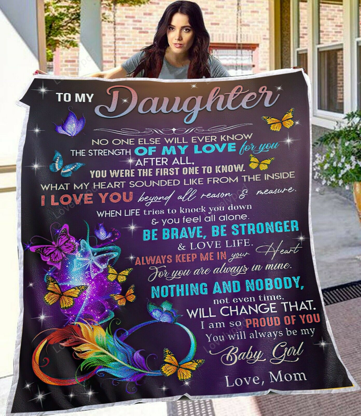 Personalized Fleece Blanket To My Daughter Colorful Butterfly & Feather Premium Blankets