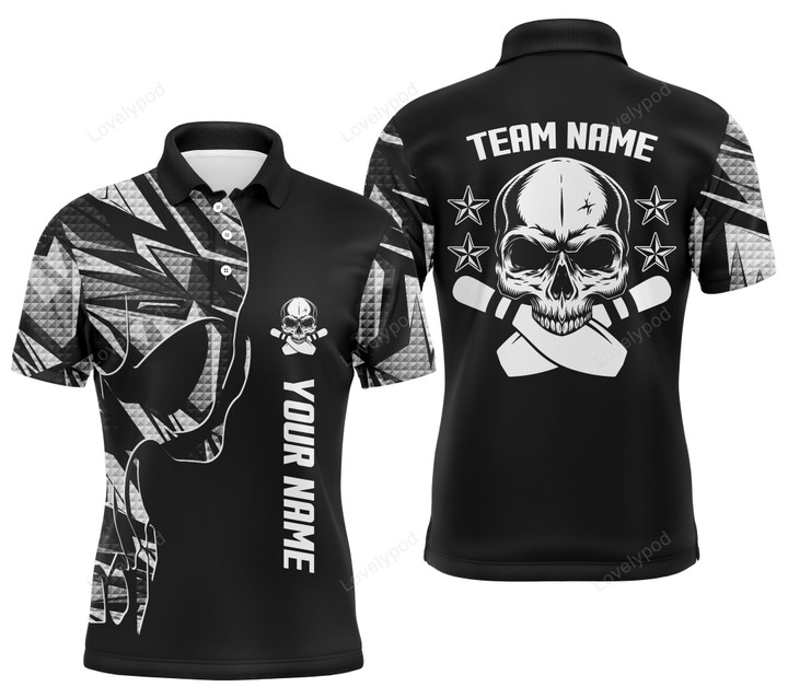 Bowling polo shirts for men, custom name and team name Skull Bowling, team bowling shirts