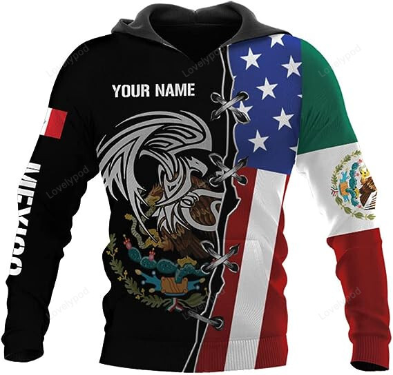 Personalized Name Mexico Half USA Flag Eagle Mexican Hoodie 3D, T Shirt, Zip Up Hoodie, Sweatshirt for Men Women