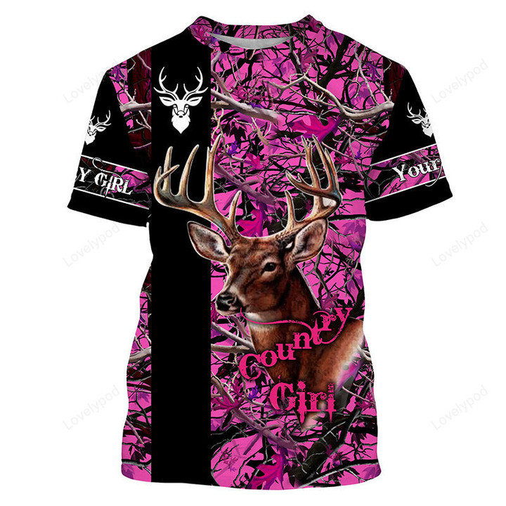 Country girl Deer hunting Pink camo custom Name 3D All over print Shirts - Hunting gift for Women