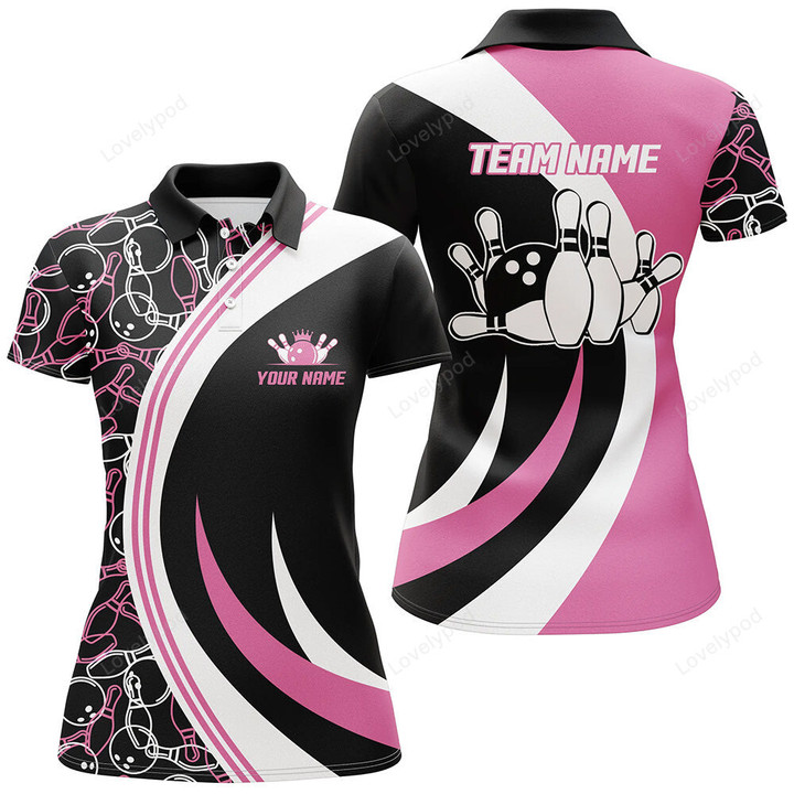 Black & Pink Bowling Polo Shirt For Women, Seamless Pattern Bowling Jersey Custom Bowling Team Shirt