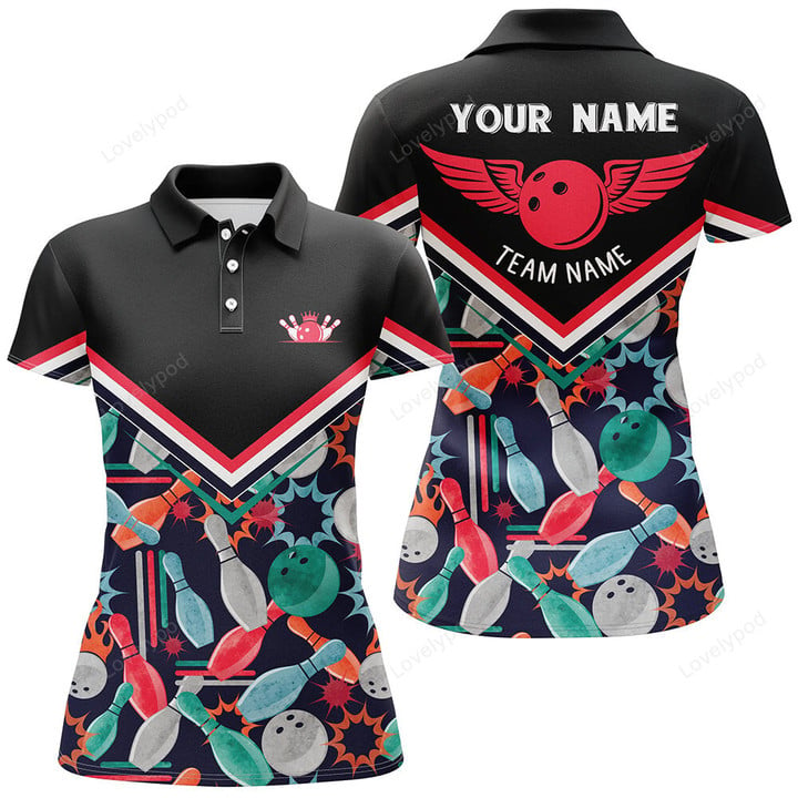 Personalized 3D bowling shirts for women, Custom black Short Sleeve Polo Bowling Shirts for Girls