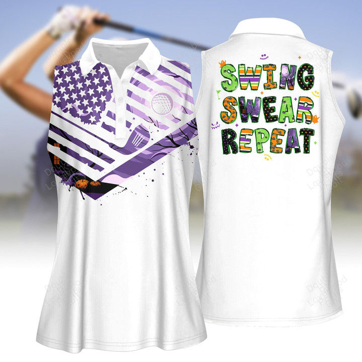 Swing swear repeat american flag halloween women golf shirt, women golf shirt, women's sleeveless golf shirts, Halloween shirt