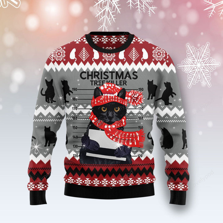 Black Cat Tree Killer Ugly Christmas Sweater, Christmas gift for cat lover