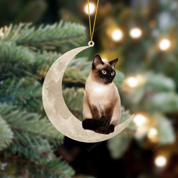 Siamese Cat Sits On The Moon Christmas Ornament, Siamese Cat shape acrylic ornament, Christmas gift for cat lover