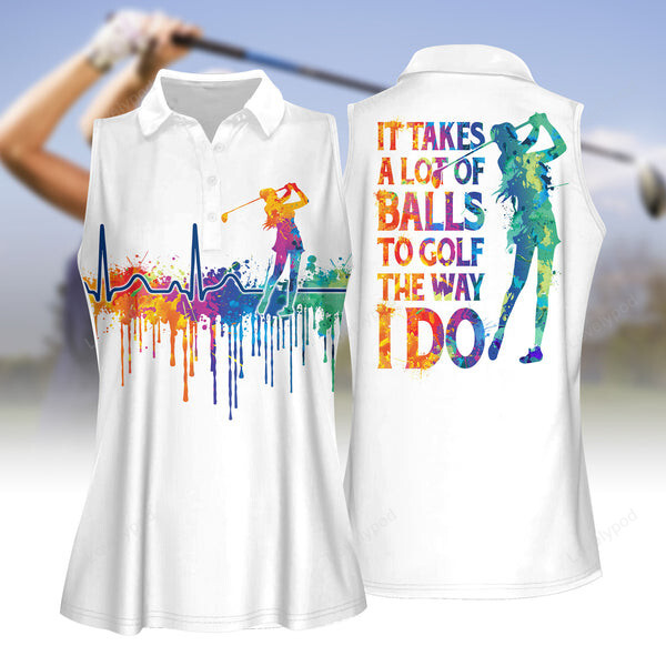 Watercolor Golf Heart Beat It Takes A Lot Of Balls To Golf The Way I Do Golf Women Golf Polo shirt, Golf sleeveless Polo shirt